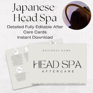 Peut inclure: Carte de visite gris clair pour un Head Spa, avec le texte "HEAD SPA AFTERCARE". La carte comprend également les coordonnées et le texte "Japanese Head Spa".
