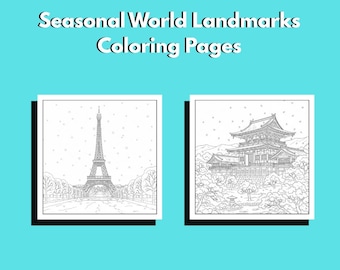 Pagine da colorare con monumenti stagionali del mondo / 10 scene di viaggio stampabili / Disegni lineari in bianco e nero