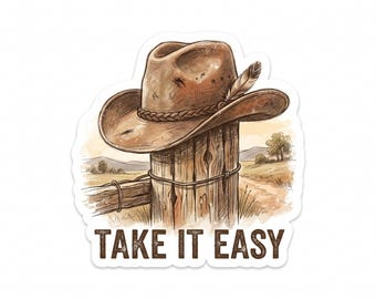 Cowboy Hat Fence PNG, Rustic Western Sticker, Take It Easy Quote Art, Vintage Country Aesthetic, Printable Transparent PNG