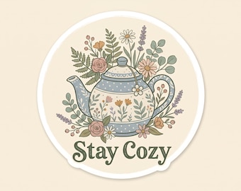 Stay Cozy Teapot PNG, Floral Teapot Sticker, Cozy Aesthetic Decal, Cute Kitchen Design, Printable Transparent PNG