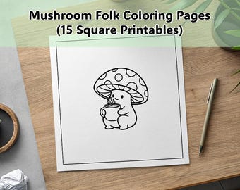 Pagine da colorare di Mushroom Folk – 15 illustrazioni fantasy (pagine PDF)