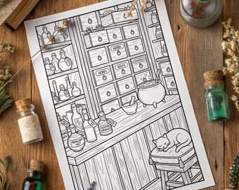 Pagine da colorare del negozio di pozioni / Cozy Fantasy Alchemy, Witchcore (PDF scaricabile Pagine A4)