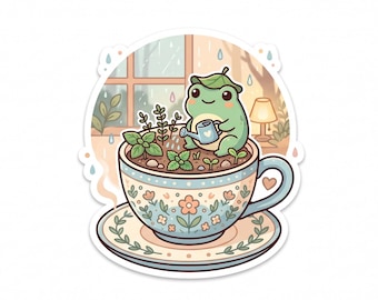 Cute Frog Teacup PNG, Cozy Forest Frog Sticker, Cottagecore Frog Art, Pastel Aesthetic Decal, Printable Transparent PNG