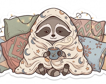 Sleepy Raccoon PNG, Cozy Blanket Burrito Sticker, Cute Raccoon Decal, Warm Aesthetic Art, Printable Transparent PNG