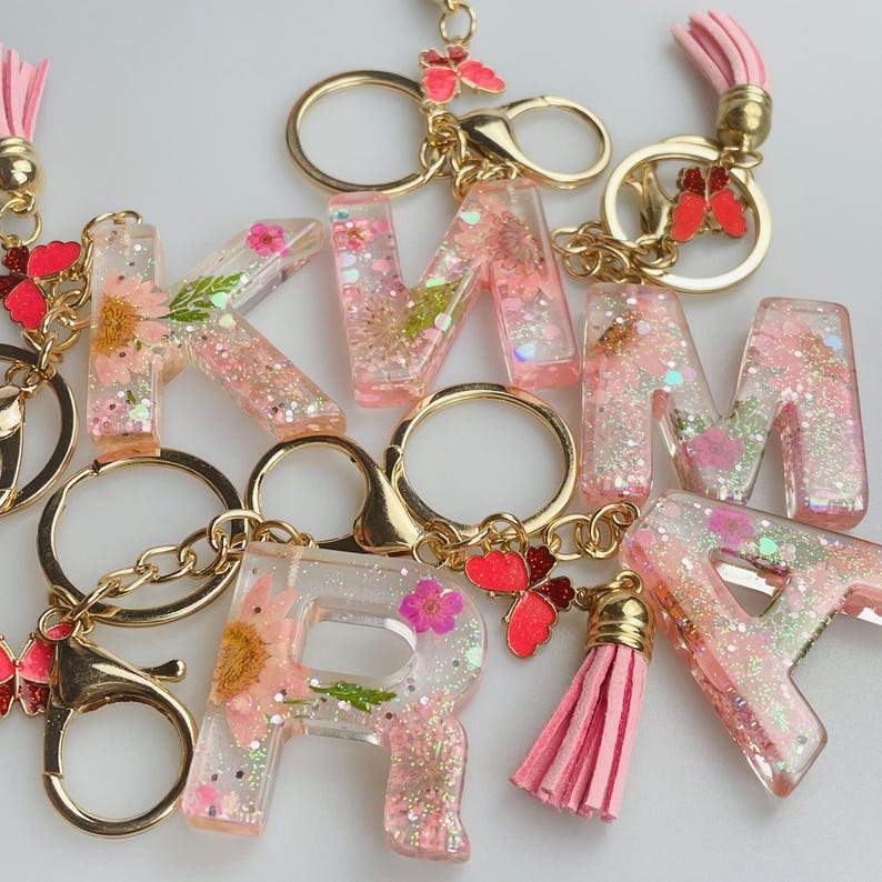 A to Z Handmade Resin Letter Key Chain,flower Series Collection Key ...
