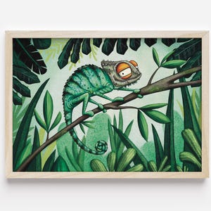 May include: A framed art print featuring a cartoon chameleon perched on a branch. The chameleon is green with orange eyes, set against a backdrop of lush green foliage. The artwork is in a wooden frame.