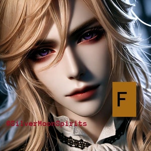 May include: A close-up portrait of a doll with long, blonde hair and purple eyes. The doll is wearing a white shirt with black lace trim. The doll's face is painted with a soft, natural look. The image includes the text "@SilverMoonSpirits" and the letter "F" in a brown square.