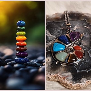 Può includere: Una pila di pietre colorate nelle tonalità di blu, verde, giallo, arancione e viola, in equilibrio su un letto di ciottoli scuri. Accanto, una collana con pendente in argento con un design a spirale, intarsiata con pietre preziose colorate.