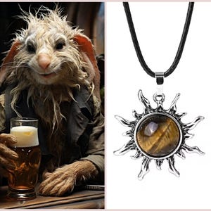 May include: A necklace with a sun-shaped pendant and a tiger's eye stone. The pendant is silver-colored and has a black cord. The image also shows a character from a fantasy movie holding a glass of beer.