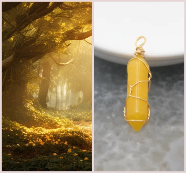 May include: A yellow crystal pendant wrapped in gold wire. The crystal is a long, thin shape with a pointed end. The pendant is hanging from a gold chain.