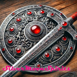 Könnte beinhalten: Ein silbernes Schwert mit rotem Griff und ein silberner Schild mit roten Juwelen. Der Schild hat ein kompliziertes Design und ist mit einem roten Juwel in der Mitte verziert.