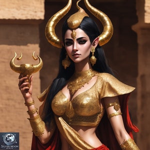 May include: A woman with long black hair wears a gold headdress with horns, a gold top, and a red skirt. She holds a gold cup in her hand.