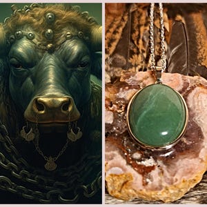 Könnte beinhalten: Geteiltes Bild mit einer detaillierten Illustration eines Bullen mit goldenen Verzierungen und einer silbernen Anhängerkette. Die Kette hat einen großen, runden, grünen Stein in einem silbernen Rahmen, der auf einer strukturierten Felsfläche präsentiert wird.