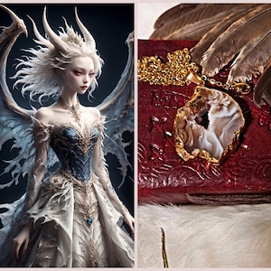 Peut inclure: Une œuvre d'art numérique représentant un personnage fantastique aux cheveux blancs, des cornes et des ailes, portant une robe détaillée avec des accents bleus et dorés. À côté, un collier en or avec un pendentif en agate unique.