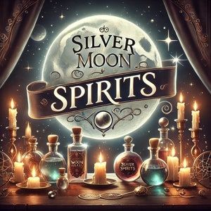 May include: A silver moon with the text "SILVER MOON SPIRITS" in a banner, surrounded by candles, bottles, and a crystal ball. The bottles are labeled "MOON CLOUDS" and "YOVER SPIRITS".