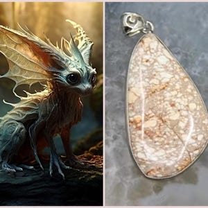 Puede incluir: Imagen de arte digital de una criatura fantástica con ojos grandes y alas, junto a un colgante en forma de lágrima. El colgante tiene una fianza plateada y una piedra beige y marrón.