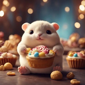 May include: A fluffy white hamster holds a cupcake with colorful candies and a swirl of red icing. The hamster is surrounded by other cupcakes and treats, creating a whimsical and sweet scene.