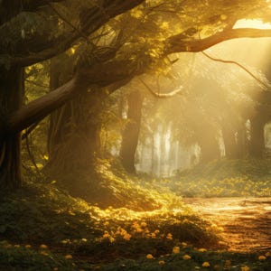 May include: A sunbeam shines through the trees in a misty forest. The light illuminates the path and the green foliage on the forest floor.