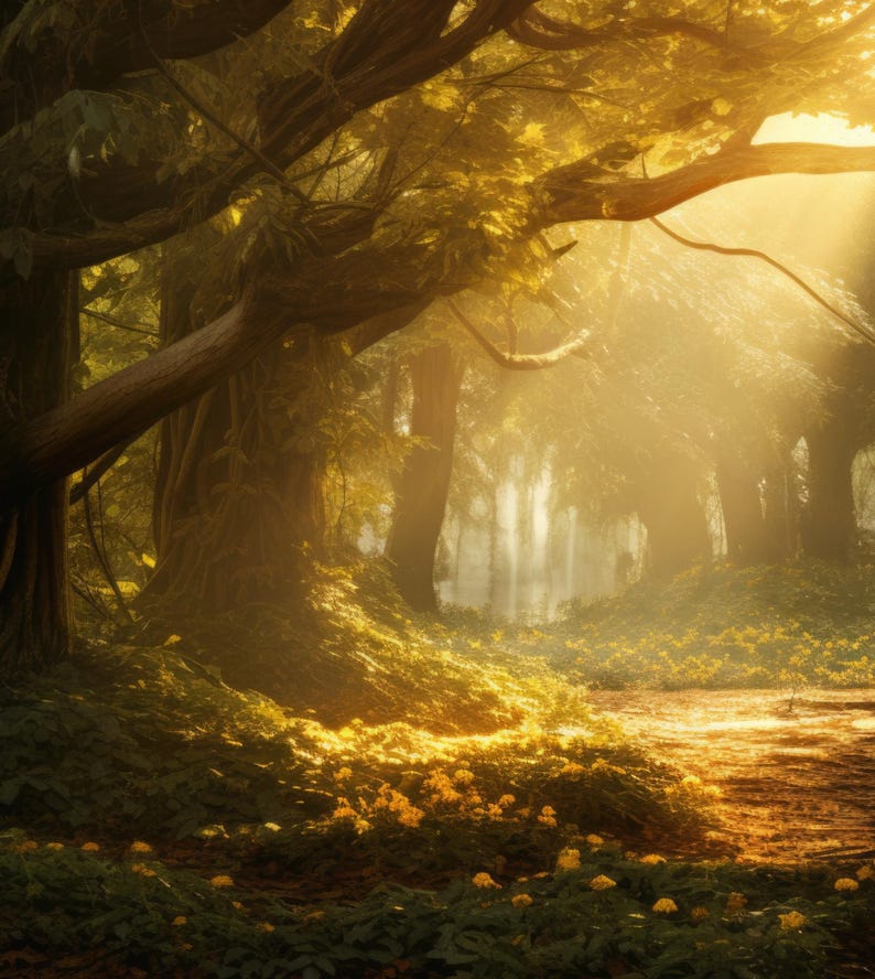May include: A sunbeam shines through the trees in a misty forest. The light illuminates the path and the green foliage on the forest floor.