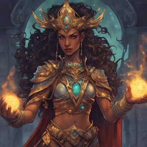 May include: An illustration of a woman with dark hair wearing ornate gold armor and a crown. She holds two glowing orbs of light in her hands. The background features an archway and a night sky.