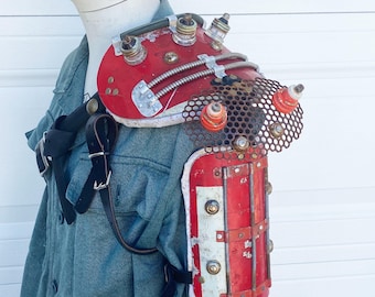 Fallout style post apocalyptic style armor made of stop sign and scrap metal