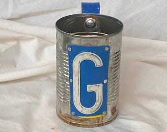 Tin can beer mug with letter G from license plate