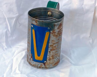 Tin can beer mug with letter V from license plate