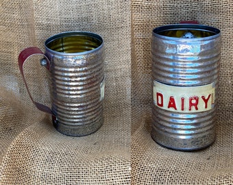 Tin can beer mug DAIRY from license plate