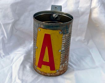 Tin can beer mug with letter A from license plate