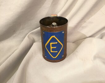 Tin can beer mug Letter E