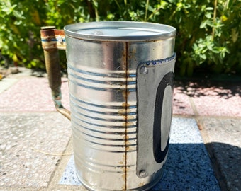 Tin can beer mug with bullet handle