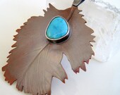 Feather printed copper, sterling and aqua turquoise necklace, boho southwestern, metalsmith, artisan jewelry nature inspired - ready to ship