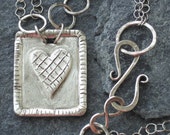 Heart sterling silver pendant necklace, rustic, folk art, Valentine's Day, romantic, eco friendly recycled sterling silver - ready to ship