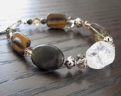 Tiger eye, quartz, smoky Czech glass, Swarovski crystal and sterling bracelet, boho chic, earthy, organic, chunky,  - ready to ship