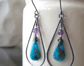 Turquoise and sterling silver teardrop hoop earrings with purple amethyst, southwestern, boho, hammered, rustic, metalsmith - ready to ship