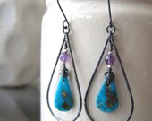 Turquoise and sterling silver teardrop hoop earrings with purple amethyst, southwestern, boho, hammered, rustic, metalsmith - ready to ship