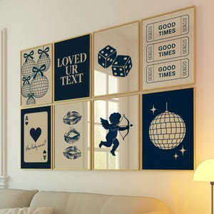 Navy Blue Trendy Dorm Prints Set Of 8, Retro Preppy Girly Dorm Decor, College Apartment Aesthetic, Coquette Print, Kiss Lips Poster, Digital