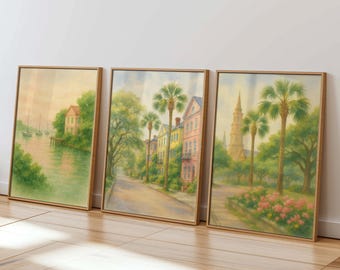 Charleston Pastel Wall Art Set of 3 – Coastal Watercolor Prints, College dorm, Rainbow Row, Palm Tree Art, Southern Decor, Digital Download