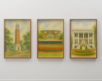 Set di stampe acquerellate alla moda dell'Università dell'Alabama - Decorazioni per dormitori universitari, stadio Bryant-Denny, campanelle Denny, Presidents Mansion Bama Wall Art