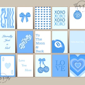 trendy blauwe muurkunst decor 15 bundelprints preppy kamerinrichting, preppy esthetische blauwe muurkunst slaapzaalinrichting, appartementdecor coquette kunst aan de muur