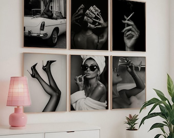 Stockholm Style Set of 6 Glam Digital Prints, Aesthetic Black & White Y2K Fashion Woman Art, luxury edgy chic glam, Apartment Wall Decor