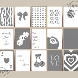 trendy gray wall art decor 15 bundle prints preppy room decor, preppy aesthetic gray wall art dorm decor, apartment decor coquette wall art