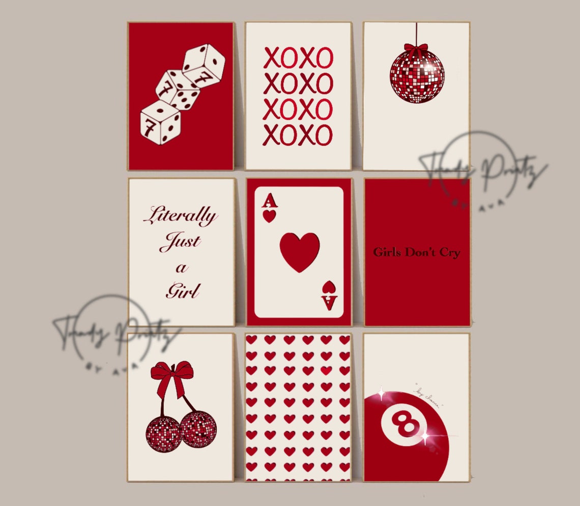 Trendy Retro Red Wall Art Set of 15, Preppy College Dorm Apartment Room ...