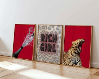 May include: Set of three framed art prints. One features a champagne bottle with water splashing out, another displays the text "RICH GIRL" over a leopard print background, and the third shows a yawning leopard.