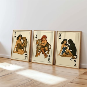 Set di 3 carte da gioco vintage Y2K con asso di picche, stampe retrò, leopardo, pantera, tigre, estetica per la casa, decorazione per dormitori universitari.