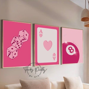 trendy pink wall art decor 3 bundle prints preppy room decor, preppy aesthetic pink wall art dorm decor, apartment decor coquette wall art