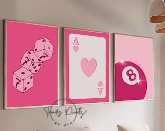 trendy pink wall art decor 3 bundle prints preppy room decor, preppy aesthetic pink wall art dorm decor, apartment decor coquette wall art