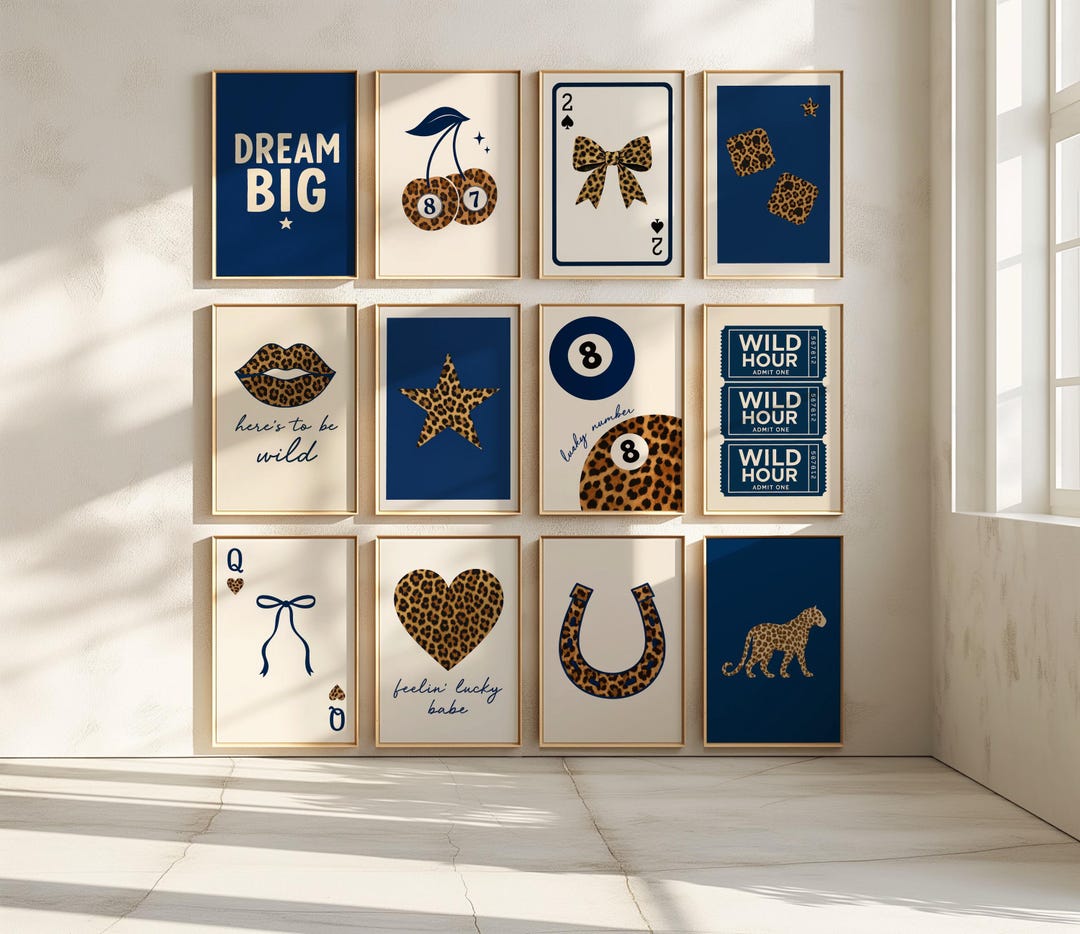 Vintage Leopard Navy Blue Wall Art Set of 12 Trendy Lucky Gallery