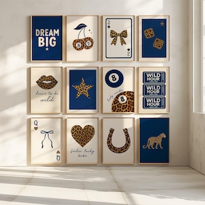 Vintage Leopard Navy Blue wall Art set of 12 Trendy Lucky Gallery Luxury Coquette College Dorm Room Apartment Digital Preppy Cheetah Prints