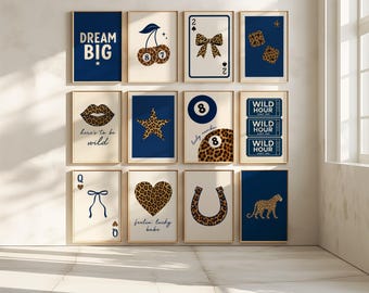 Vintage Leopard Navy Blue wall Art set of 12 Trendy Lucky Gallery Luxury Coquette College Dorm Room Apartment Digital Preppy Cheetah Prints